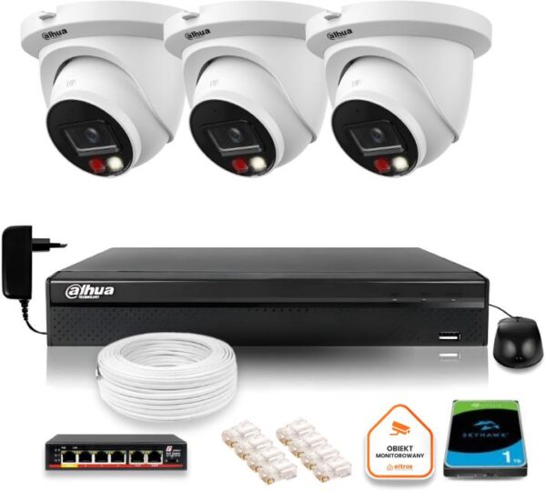 Zestaw monitoringu IP Dahua 8mpx 4K 3 kamery IPC-HDW2849TM-S-IL z dyskiem 1TB