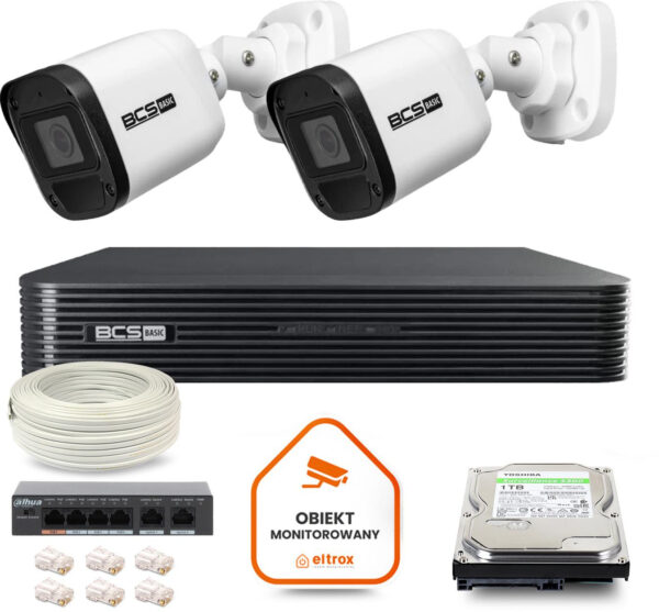 Zestaw monitoringu IP BCS Basic 2x Kamera BCS-B-TIP15FR3(2.0) Rejestrator z dyskiem