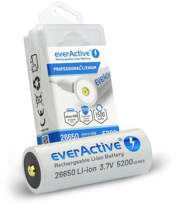 Akumulator 26650 Li-Ion 3,7V everActive 5200mAh micro USB (1 szt.) z zabezpieczeniem