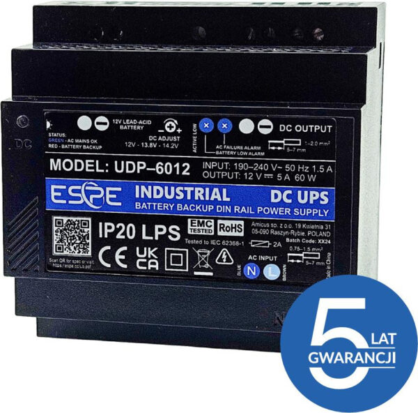 ZASILACZ IMPULSOWY BUFOROWY NA SZYNĘ DIN ESPE UDP-6012 12 V 60 W 5 A