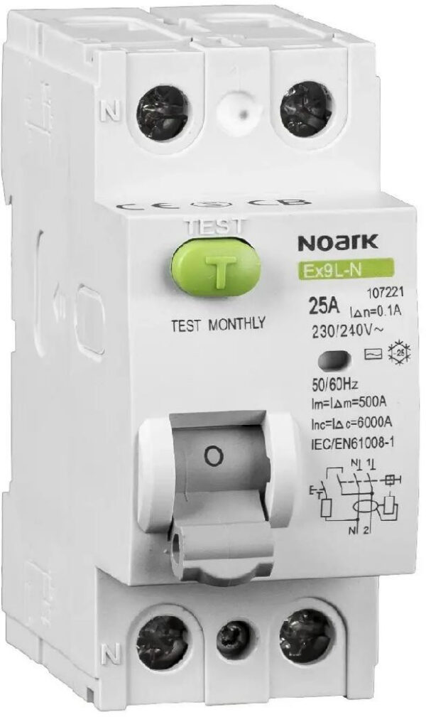 WYŁĄCZNIK RÓŻNICOWOPRĄDOWY, 6 KA, 25A, 30MA, 2P TYP AC EX9L-N Noark 108314