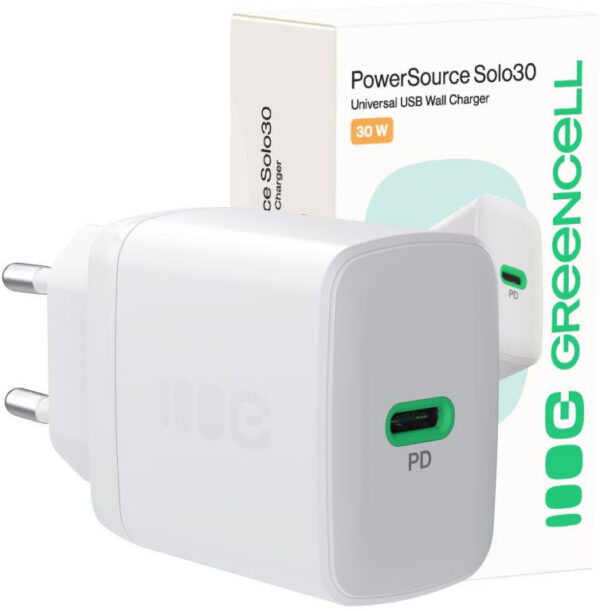 ŁADOWARKA SIECIOWA Greencell PowerSource Solo30 30W 1xUSB-C PD 3.0 QC 4.0+ biała