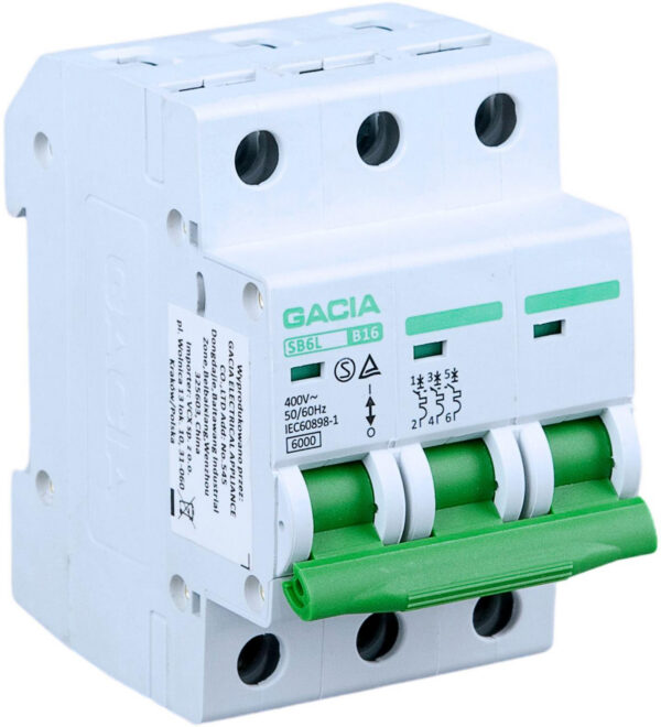 Wyłącznik nadmiarowoprądowy,6kA,B,3-pola,20A GACIA SB6L B 3P 20A