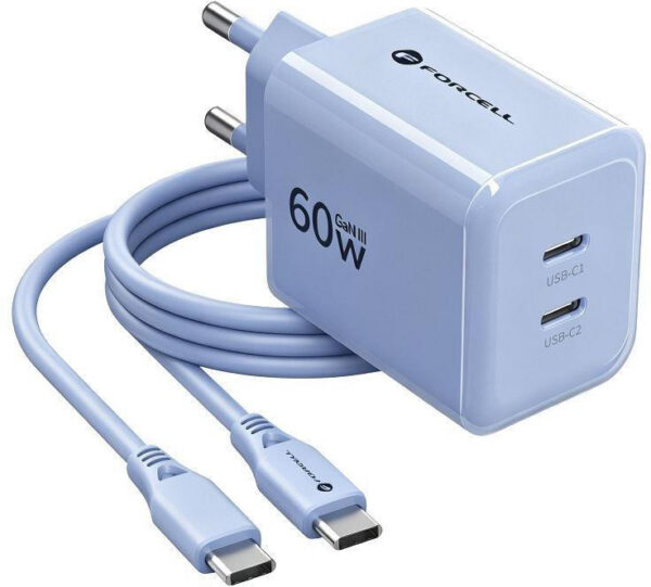 Ładowarka sieciowa Forcell F-Energy GaN III VT-60 60W PD QC 4.0+ 2x USB-C niebieska + kabel USB-C